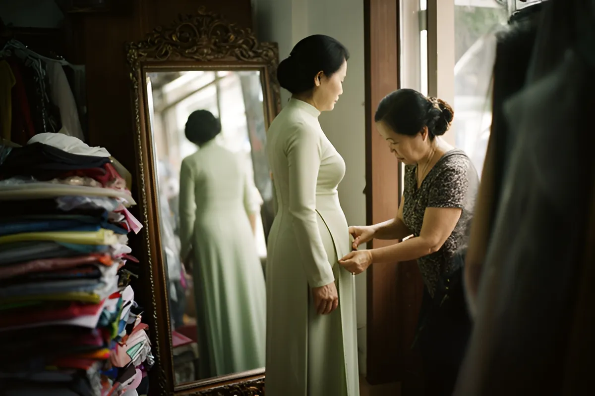 Hai phụ nữ trong tiệm may, một người mặc áo dài xanh nhạt đứng trước gương, người kia ghim gấu áo, ánh sáng ấm từ cửa sổ