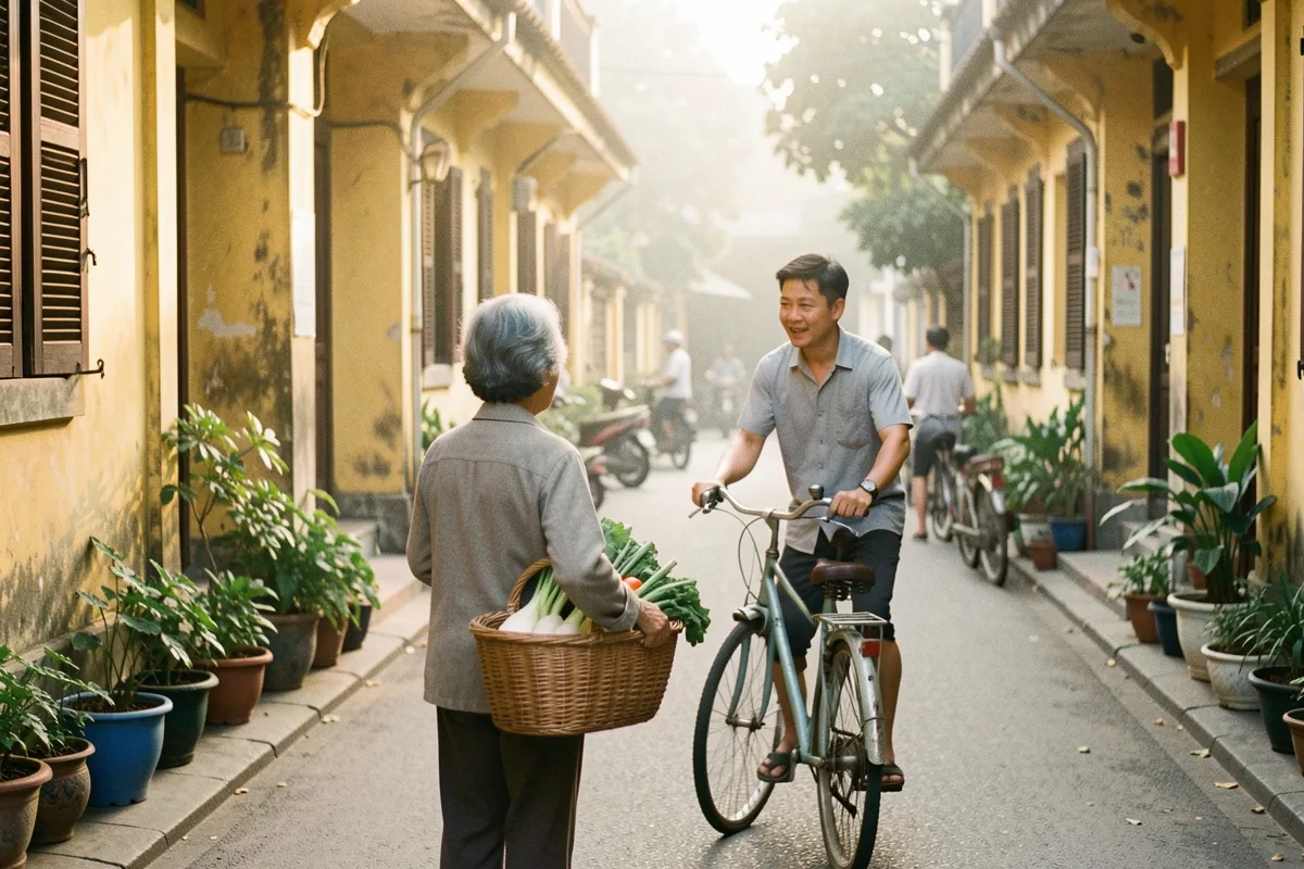 Bà tóc bạc xách giỏ rau đứng nói chuyện với người đàn ông đạp xe trên con hẻm tường vàng, hai bên trồng cây, sáng sớm