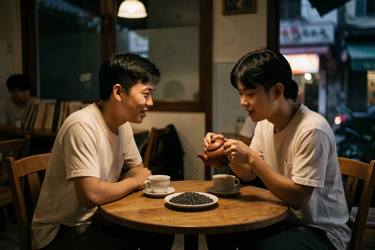 Hai người trẻ mặc áo trắng ngồi đối diện bên bàn tròn, một người rót trà từ ấm đất, trên bàn có hai tách và đĩa hạt