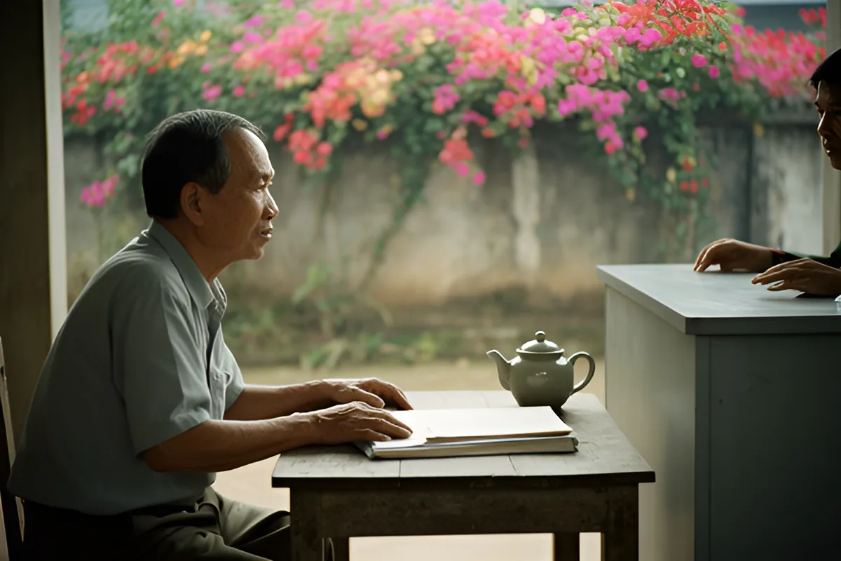 Một người đàn ông trung niên ngồi nghiêng bên bàn gỗ với tập giấy và ấm trà, đang nói chuyện với một người ngồi sau quầy