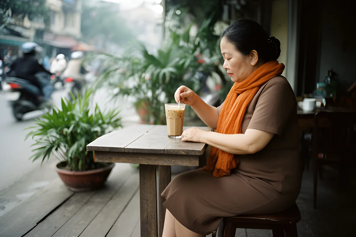 Một phụ nữ trung niên mặc váy nâu, quàng khăn cam, ngồi nghiêng trên ghế gỗ trước bàn nhỏ, khuấy ly cà phê sữa đá