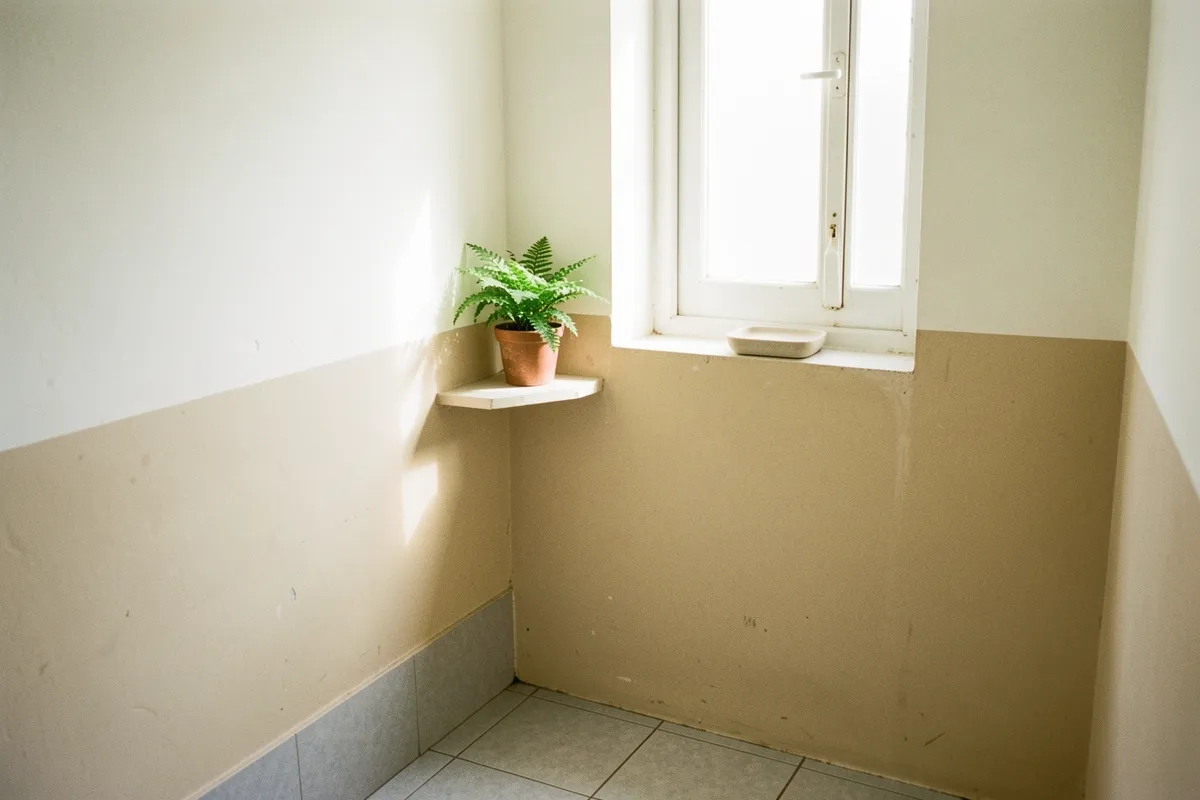 Góc phòng nhỏ có cửa sổ trắng, ánh nắng chiếu lên kệ gỗ đặt chậu dương xỉ và một khay đựng xà phòng, sàn lát gạch xám