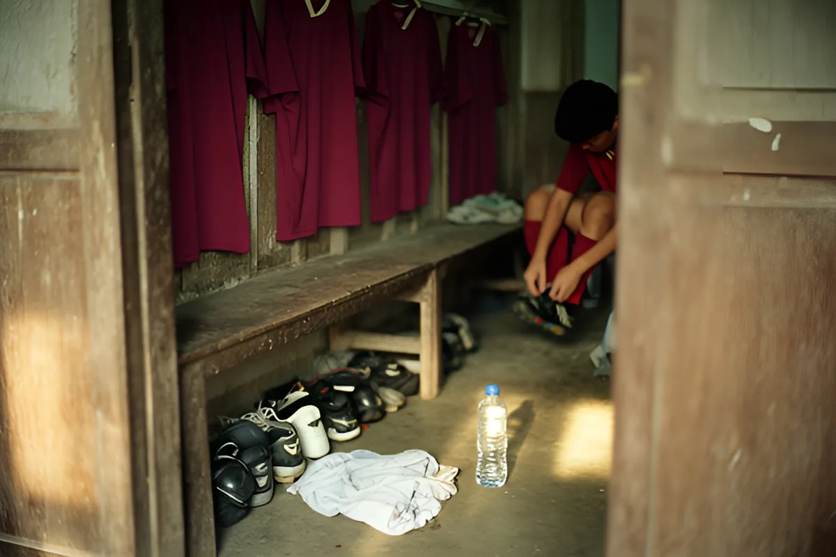 Một người chơi trong áo đỏ ngồi buộc giày trong phòng thay đồ, ghế gỗ với nhiều áo đỏ treo móc, giày chất dưới ghế