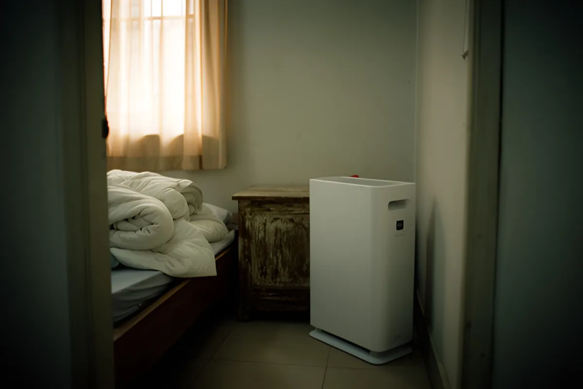 Một máy lọc khí trắng đặt cạnh giường có chăn gấp và bàn gỗ nhỏ trong phòng ngủ, ánh sáng vàng chiếu qua rèm cửa