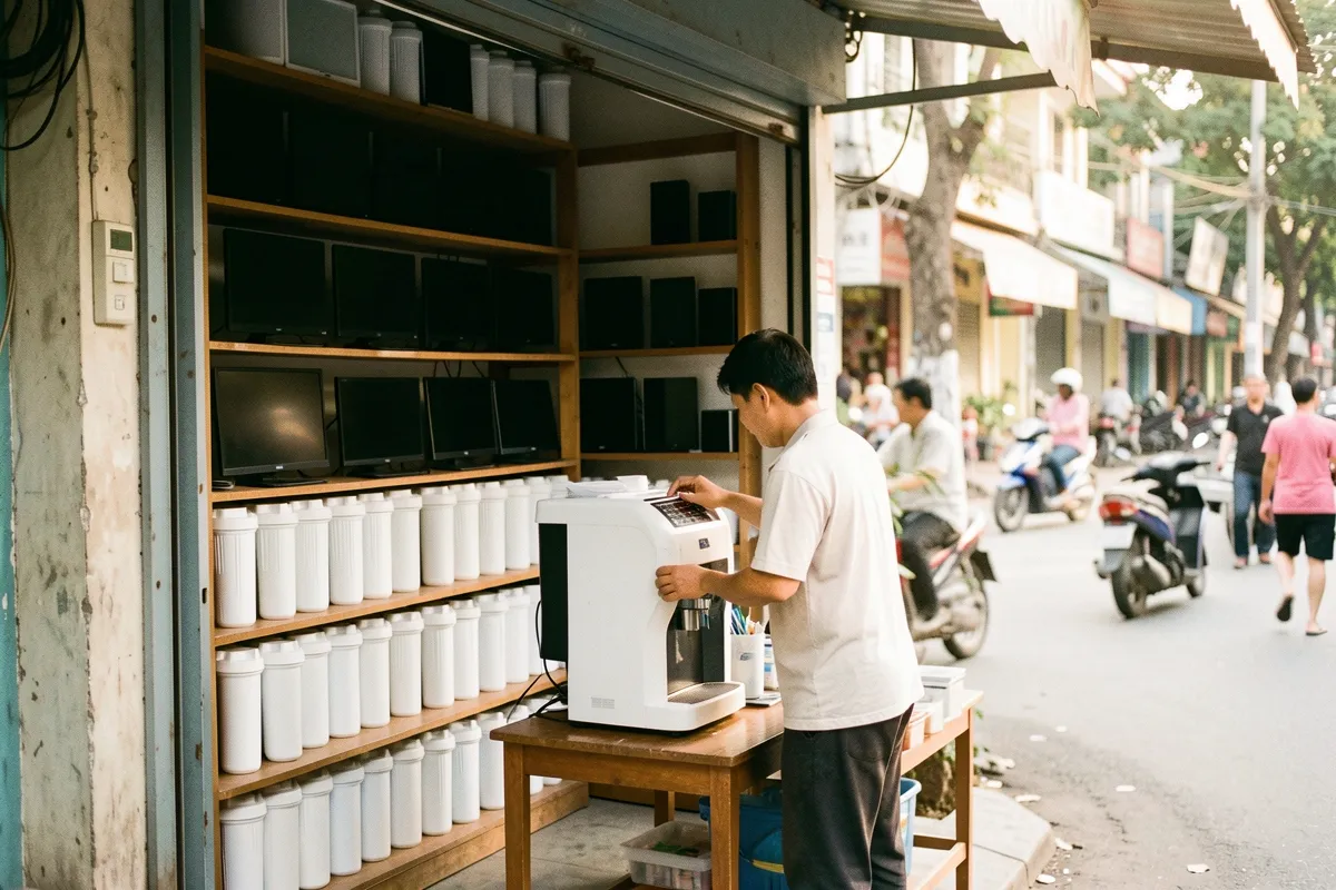 Một người đàn ông mặc áo trắng đứng quay lưng sắp xếp máy lọc nước trên bàn gỗ trước cửa hàng