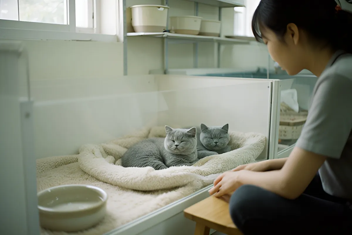 Một phụ nữ ngồi trên ghế thấp nhìn hai chú mèo xám lông ngắn đang nằm ngủ trên đệm trong chuồng kính, cạnh bát nước