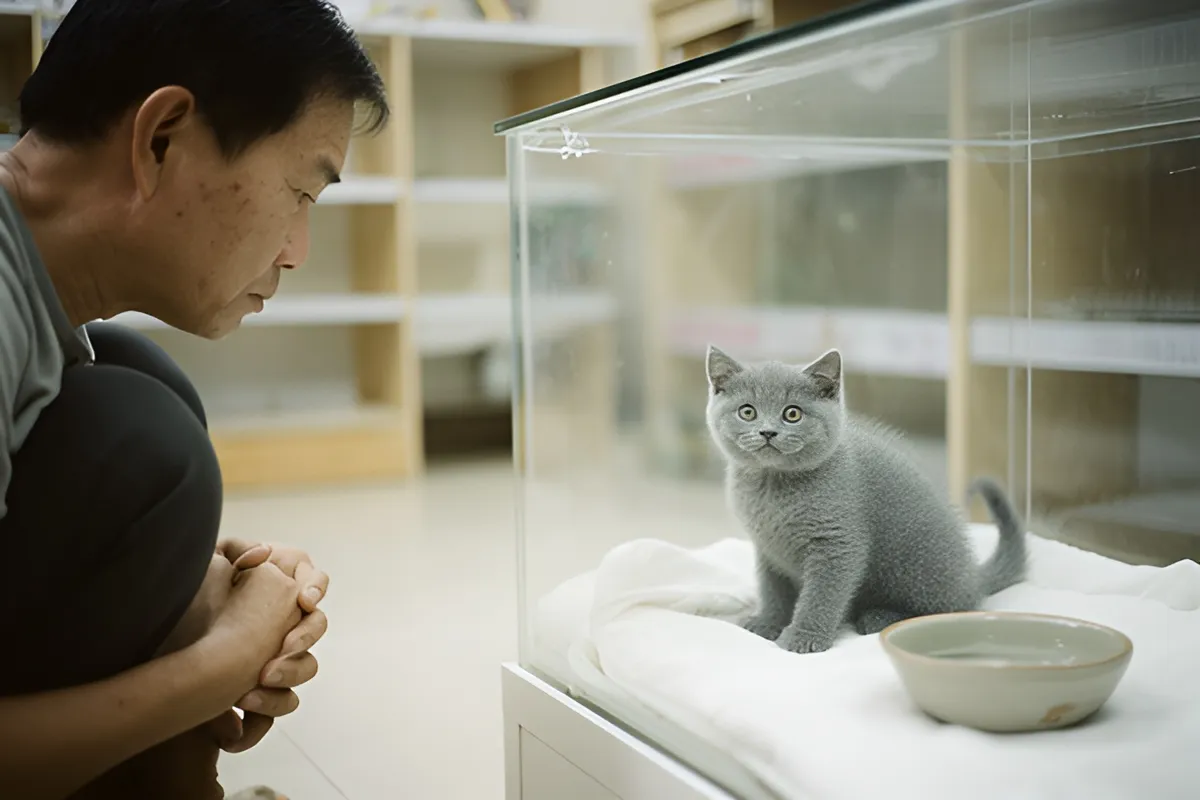 Một người đàn ông ngồi xổm nhìn chú mèo xám lông ngắn đang ngồi trong hộp kính trên lớp đệm trắng, cạnh một bát nước