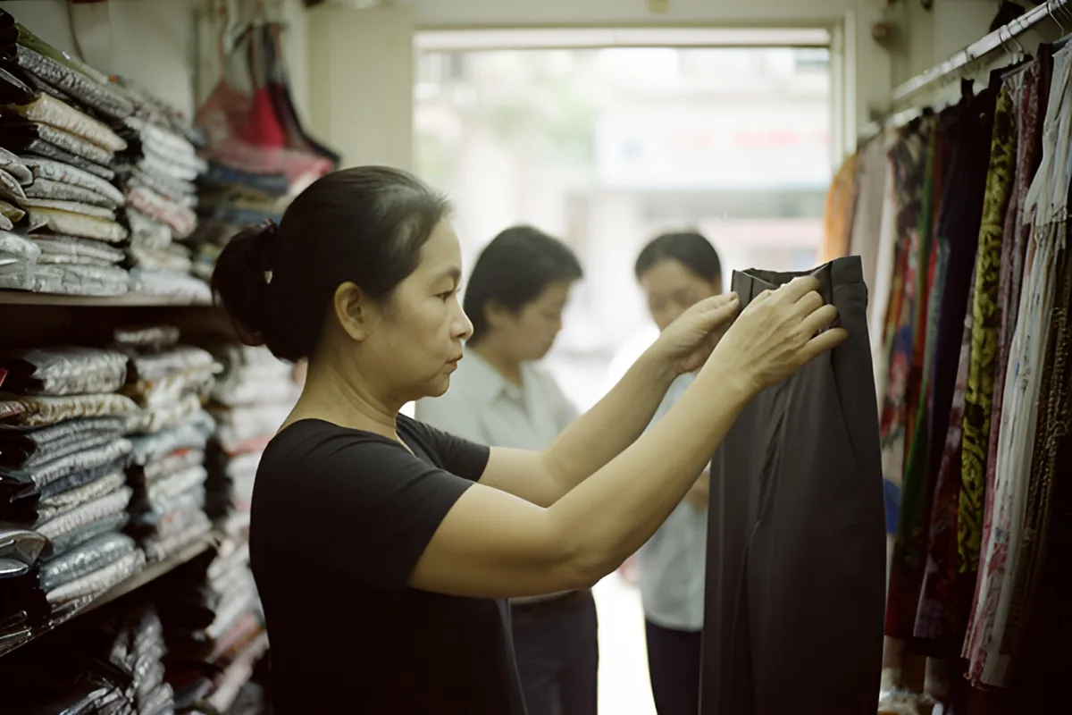 Một phụ nữ đứng nghiêng trong cửa hàng quần áo, hai tay giơ chiếc quần đen lên xem, phía sau có hai người mờ