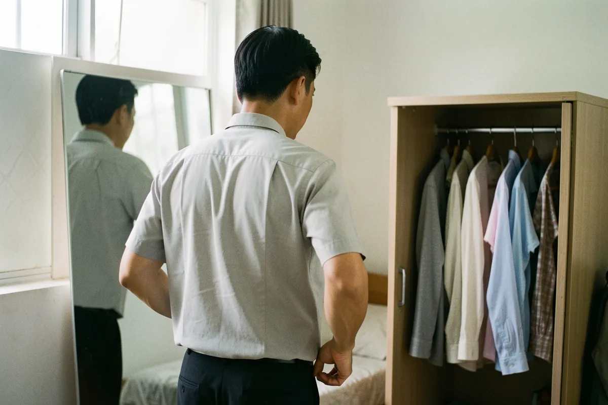 Một người đàn ông đứng quay lưng trước gương toàn thân trong phòng ngủ, tay phải chỉnh vạt áo sơ mi