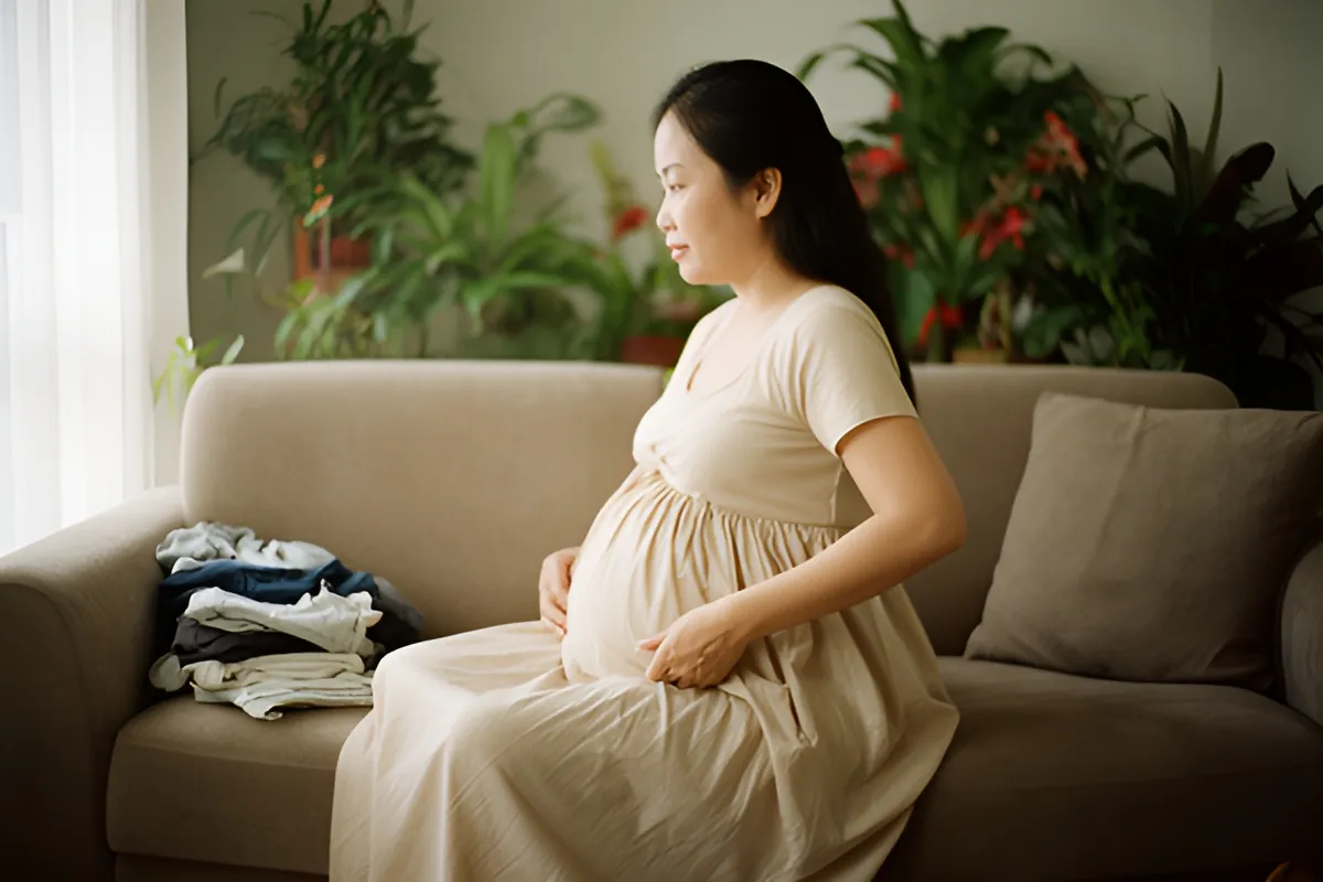 Một phụ nữ mang bầu ngồi bên mép ghế sofa, tay đặt lên bụng dưới váy dài màu be, cạnh chồng quần áo gấp
