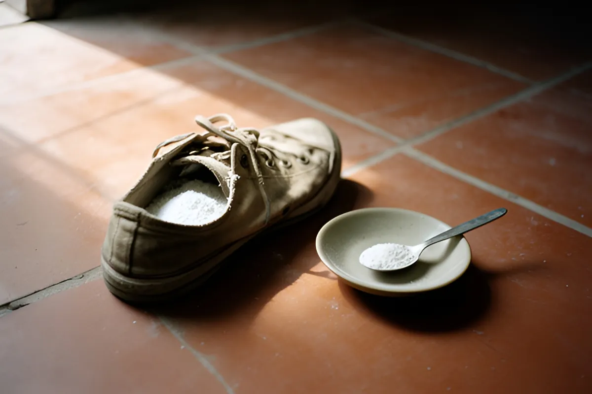Một chiếc giày vải cũ mở lưỡi, bên trong rắc bột trắng, cạnh đĩa gốm nhỏ có thìa đựng bột trắng