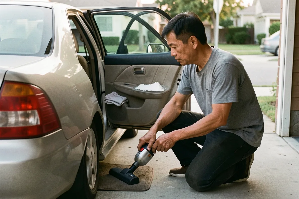 Một người đàn ông đang quỳ bên cửa xe sedan mở, dùng máy hút bụi cầm tay làm sạch tấm lót sàn, ghế sau để khăn và vật trắng