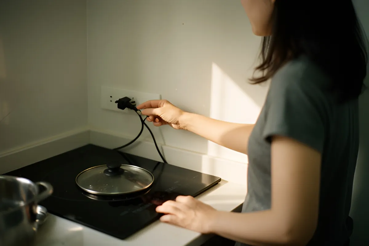 Một phụ nữ đứng trong bếp, tay với tới phích cắm trên ổ điện tường, mặt bếp đen có nắp kính và nồi inox, ánh chiều vàng