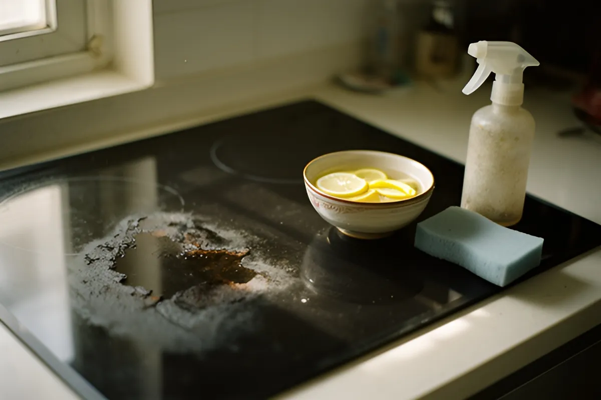 Bếp từ kính đen có vết cháy, cạnh đó là bát nước chanh, chai xịt và miếng bọt biển dưới ánh sáng ban ngày