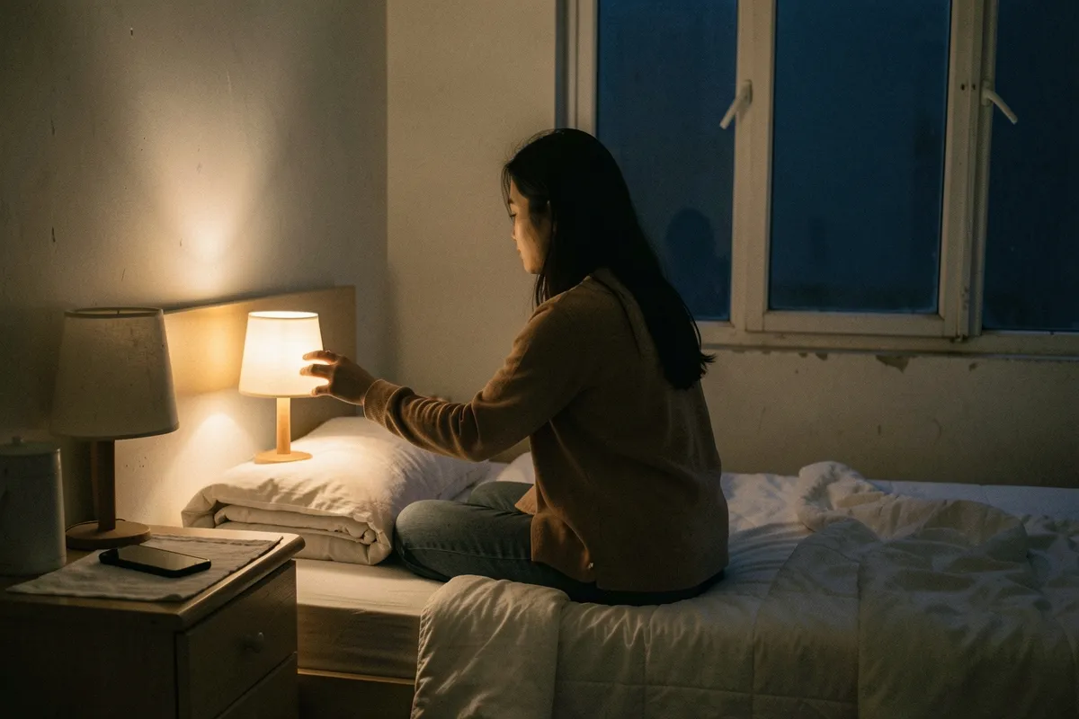 Một phụ nữ tóc dài ngồi mép giường trong phòng tối, với tay tắt đèn bàn nhỏ, ánh vàng ấm, điện thoại úp trên tủ đầu giường