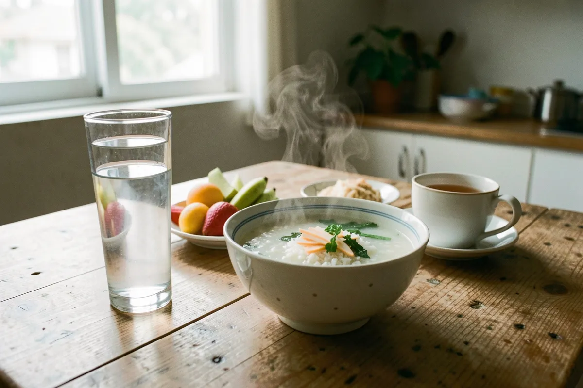 Bàn gỗ đặt ly nước cao, bát cháo bốc khói có lát gừng và rau, đĩa trái cây và tách trà, ánh sáng cửa sổ buổi sáng