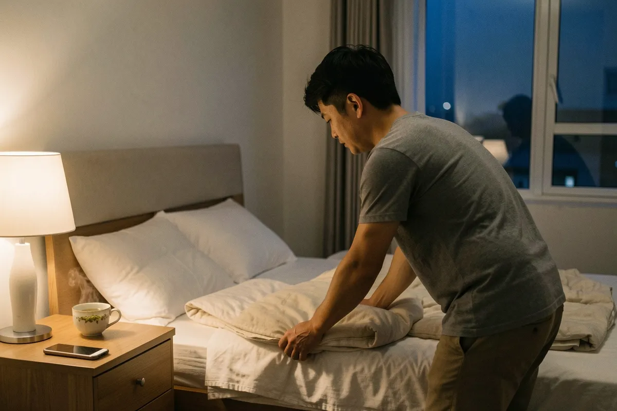 Một người đàn ông trẻ gấp chăn mỏng ở cuối giường trong phòng ngủ tối, bên cạnh có đèn bàn