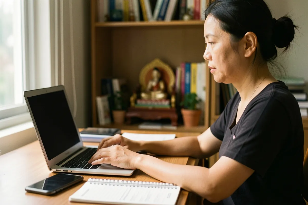 Một người phụ nữ ngồi bên bàn làm việc, gõ trên laptop, cạnh đó có điện thoại và sổ ghi chú, ánh sáng chiều từ cửa sổ
