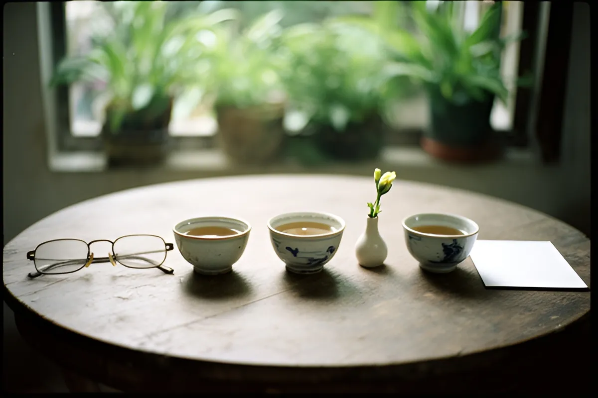 Bàn gỗ tròn đặt ba chén trà, một cặp kính, lọ hoa nhỏ và tấm thẻ trắng, phía sau là cửa sổ mờ với cây xanh