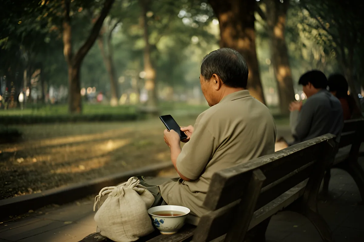 Người đàn ông ngồi ghế công viên, lưng quay về máy ảnh, cầm điện thoại, bên cạnh túi vải và bát sứ; hai người khác ngồi xa