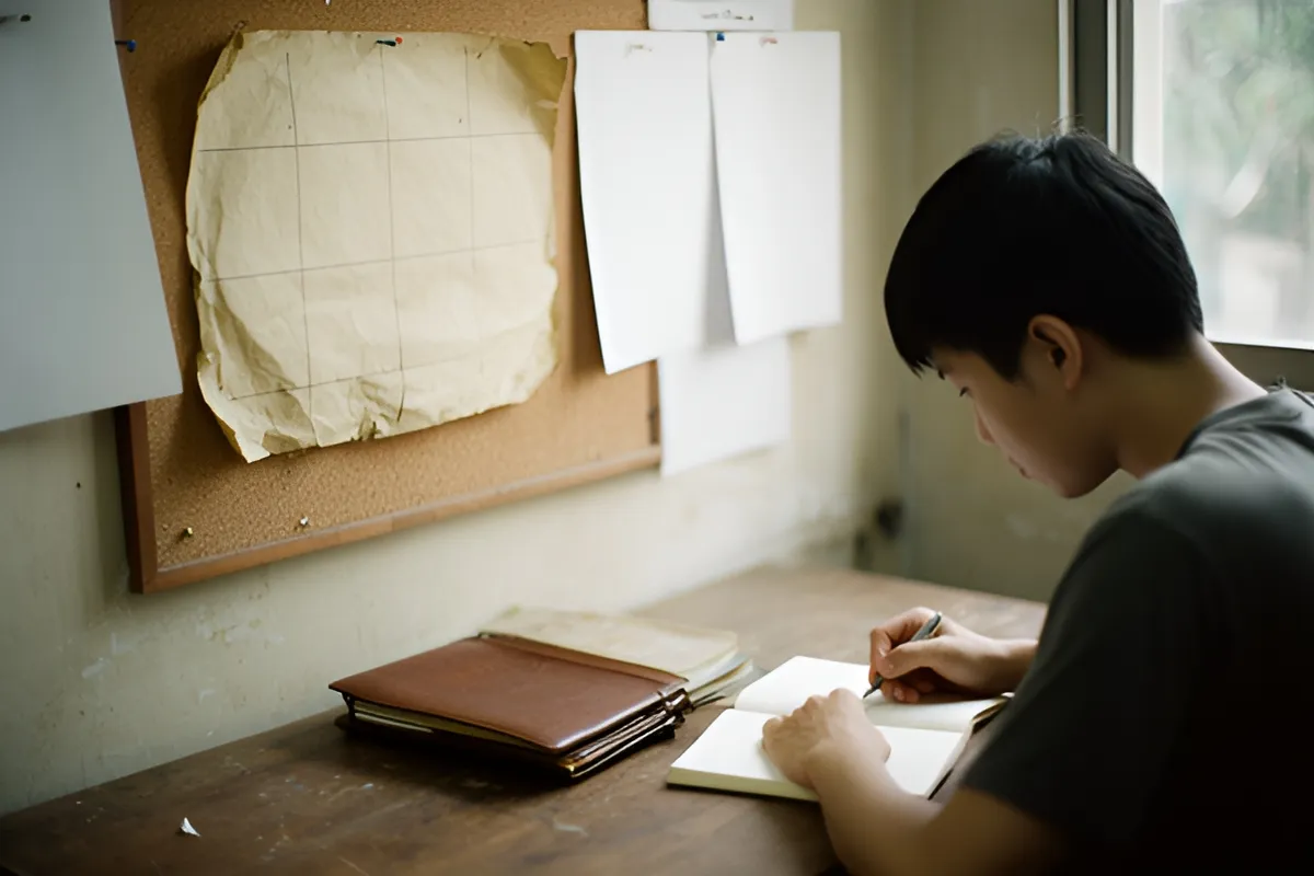 Một thanh niên ngồi nghiêng viết vào sổ mở trên bàn gỗ, cạnh tập giấy cũ và bảng ghim giấy, sáng cửa sổ