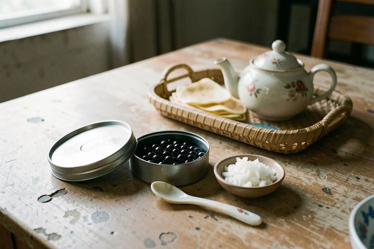 Bàn gỗ cũ bày hộp thiếc mở chứa hạt đen bóng, thìa sứ, đĩa hành tây nhỏ và khay tre có ấm trà hoa cùng vài bánh mỏng