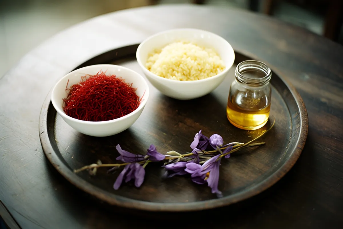 Trên khay gỗ tròn đặt hai bát sứ trắng đựng sợi đỏ thẫm và gạo vàng nhạt, một lọ thủy tinh nhỏ chứa chất vàng