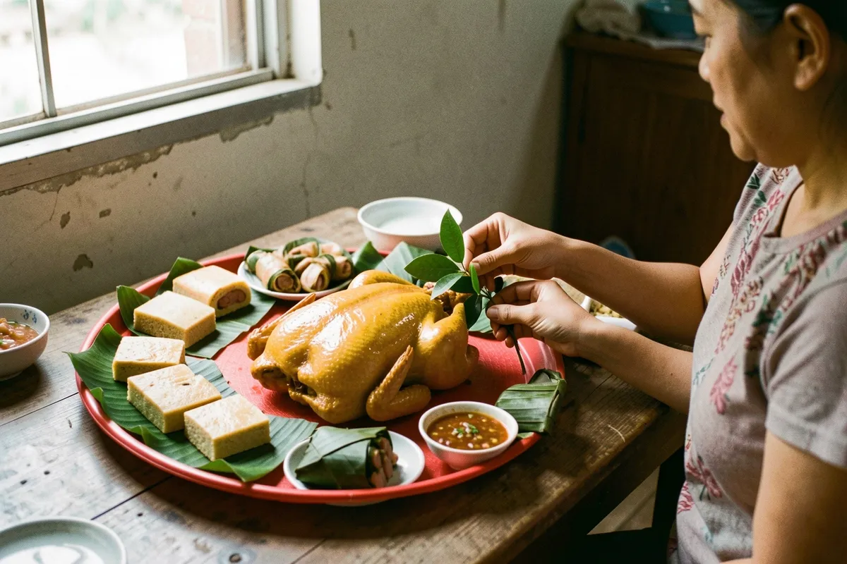 Một người phụ nữ cầm nhánh lá xanh bên mâm gà luộc vàng óng trên khay tròn đỏ, quanh đó có bánh và chén nước chấm