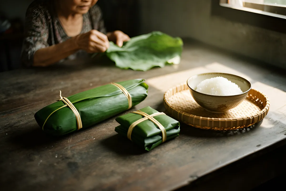Một bà cụ ngồi gấp lá ở bàn gỗ, trên bàn có hai gói bánh gói lá xanh buộc dây cùng chõ tre và bát gạo nếp