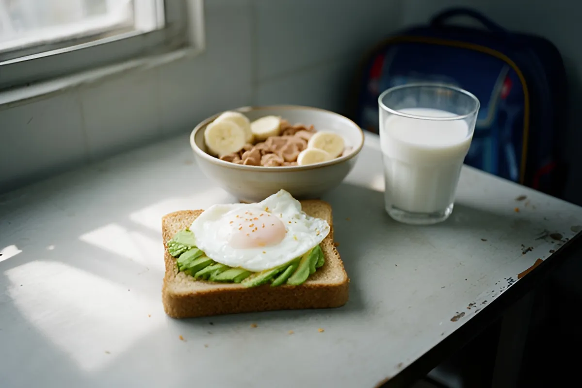Bữa sáng trên bàn bếp: bánh mì nướng với bơ và trứng ốp la, bát ngũ cốc chuối, ly sữa, ánh sáng ban mai từ cửa sổ