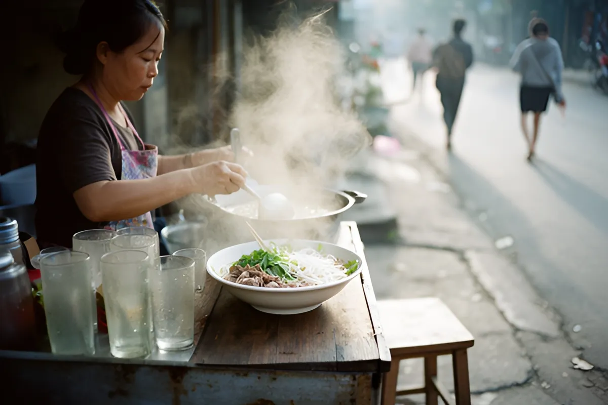 Một phụ nữ bán hàng đứng bên quầy gỗ, đang múc nước dùng vào nồi lớn, trước mặt là tô bún thịt với rau, nhiều ly thủy tinh