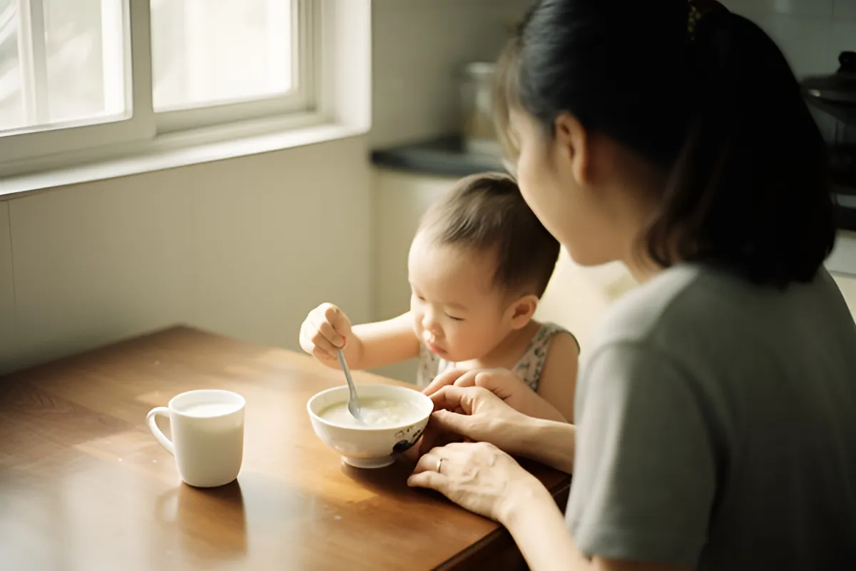 Người mẹ ngồi cạnh đứa trẻ nhỏ tại bàn gỗ, trẻ cầm thìa khuấy bát cháo trắng, bên cạnh có cốc sữa, ánh sáng sáng từ cửa sổ