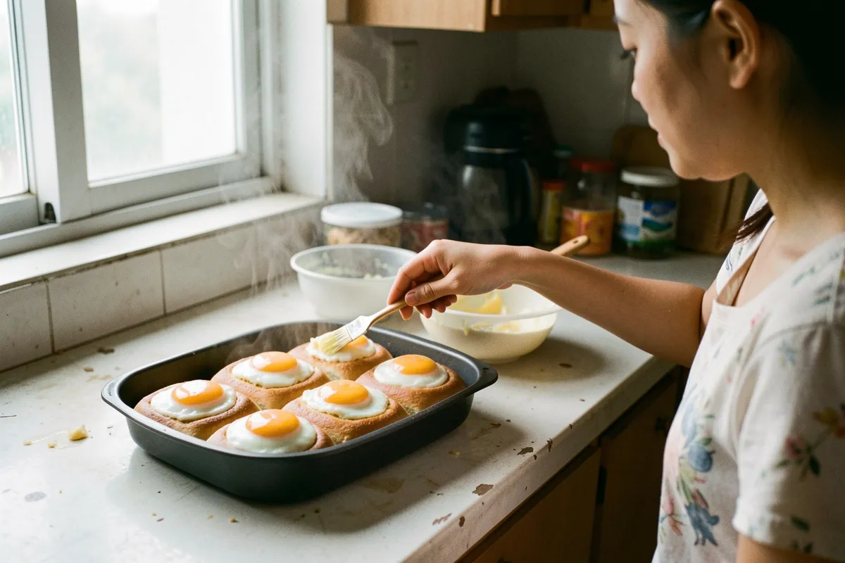 Một người phụ nữ đứng bên bàn bếp, dùng cọ phết bơ lên khay bánh trứng đang bốc khói, ánh sáng tự nhiên hắt từ cửa sổ