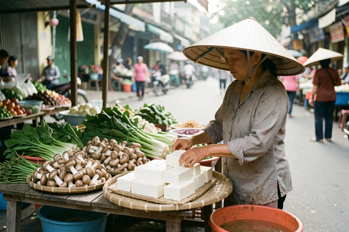 Một người phụ nữ đội nón lá đang xếp các khối đậu hũ trắng trên khay tre bên cạnh nấm và rau xanh tại chợ