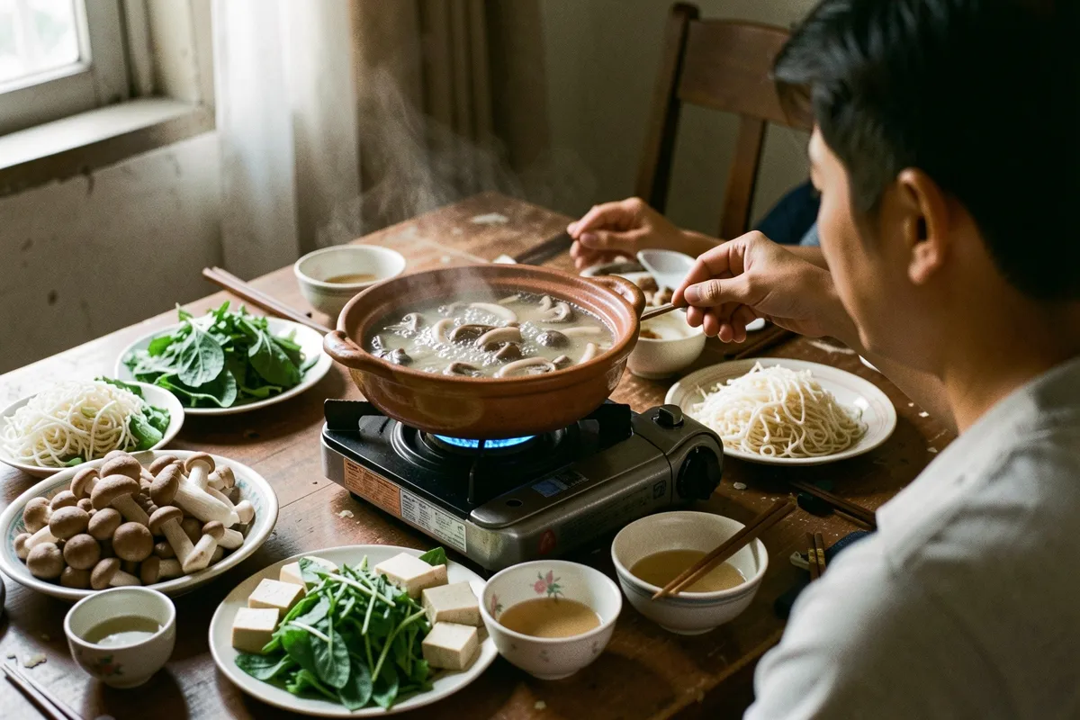Hai người ngồi quanh bàn gỗ có nồi đất trên bếp ga, bên cạnh là đĩa nấm, rau, đậu phụ, mì và bát đũa, sáng từ cửa sổ