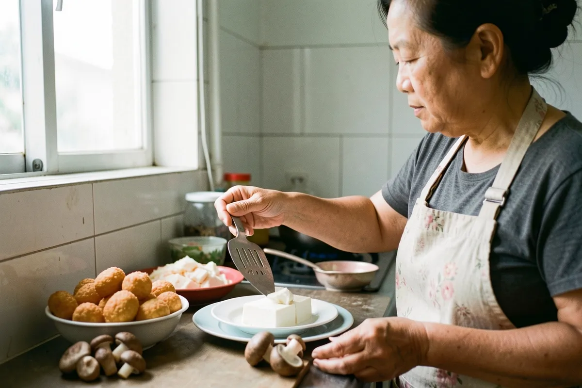 Người phụ nữ lớn tuổi mặc tạp dề đứng bên bếp, dùng xẻng gắp miếng đậu trắng lên đĩa, cạnh đó có bát đậu rán vàng và nấm