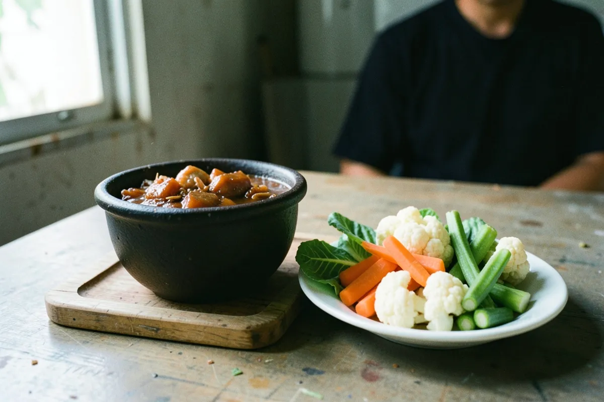 Một người mặc áo đen ngồi lưng chờm sau bàn gỗ, trên bàn có nồi thịt kho màu nâu và đĩa rau luộc cạnh cửa sổ sáng