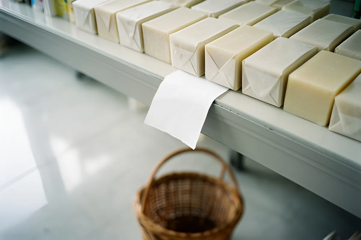 Kệ hàng trong nhà bày nhiều hàng xà phòng gói giấy nhạt, một tờ giấy trắng dính mép kệ, dưới sàn có một giỏ mây