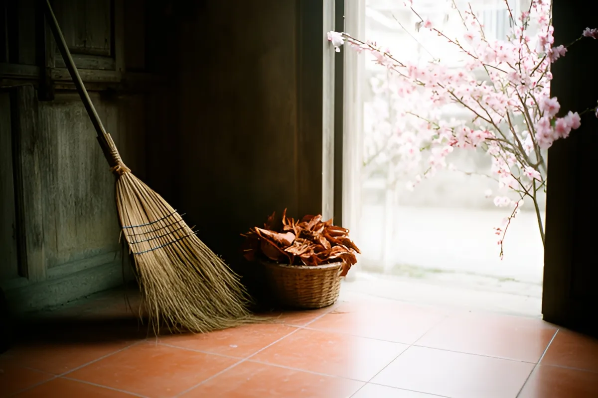Góc nhà với chổi lá và giỏ lá khô trên nền gạch, cạnh cửa mở có cành hoa hồng phấn, ánh sáng ban ngày chiếu vào