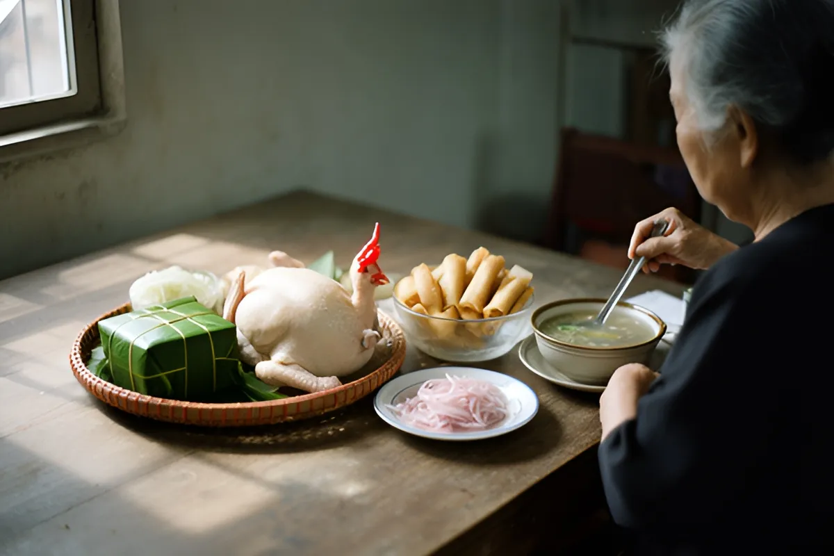 Một bà cụ tóc bạc ngồi ăn tối bên bàn gỗ với đĩa gà luộc, bánh gói lá chuối, nem rán và hành ngâm, ánh sáng chiều từ cửa sổ