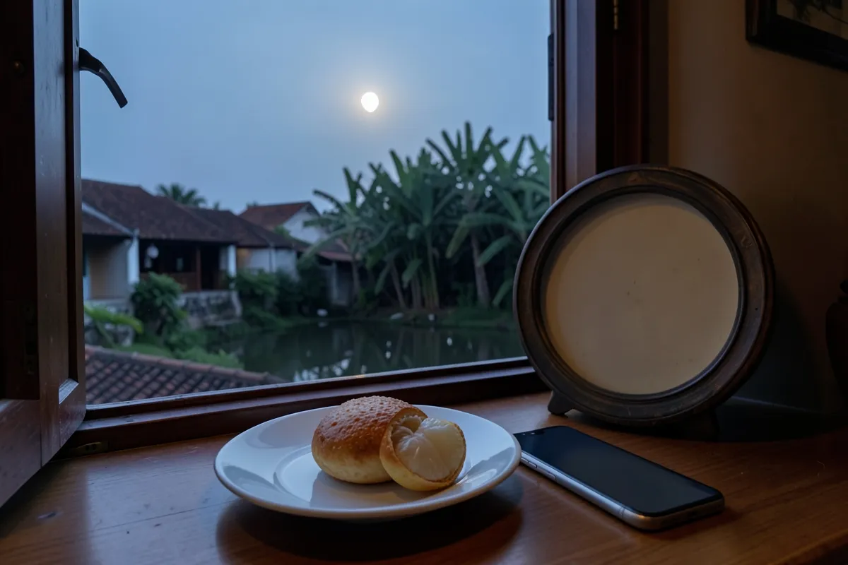 Bàn gỗ bên cửa sổ mở có đĩa trắng đựng bánh và múi bưởi, một chiếc điện thoại úp xuống, khung tròn tối màu