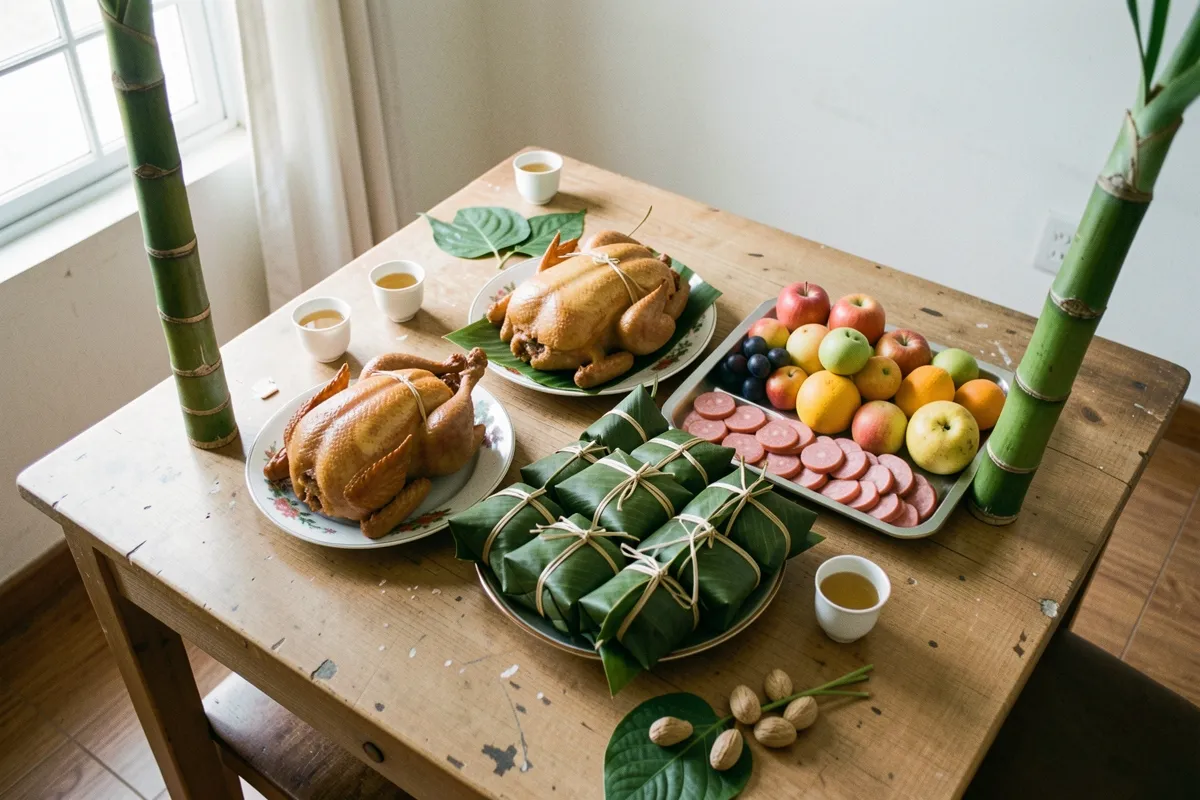 Gỗ bàn ăn trong phòng sáng cửa sổ, đặt hai đĩa gà luộc nguyên con, bánh gói lá xanh buộc lạt, khay trái cây