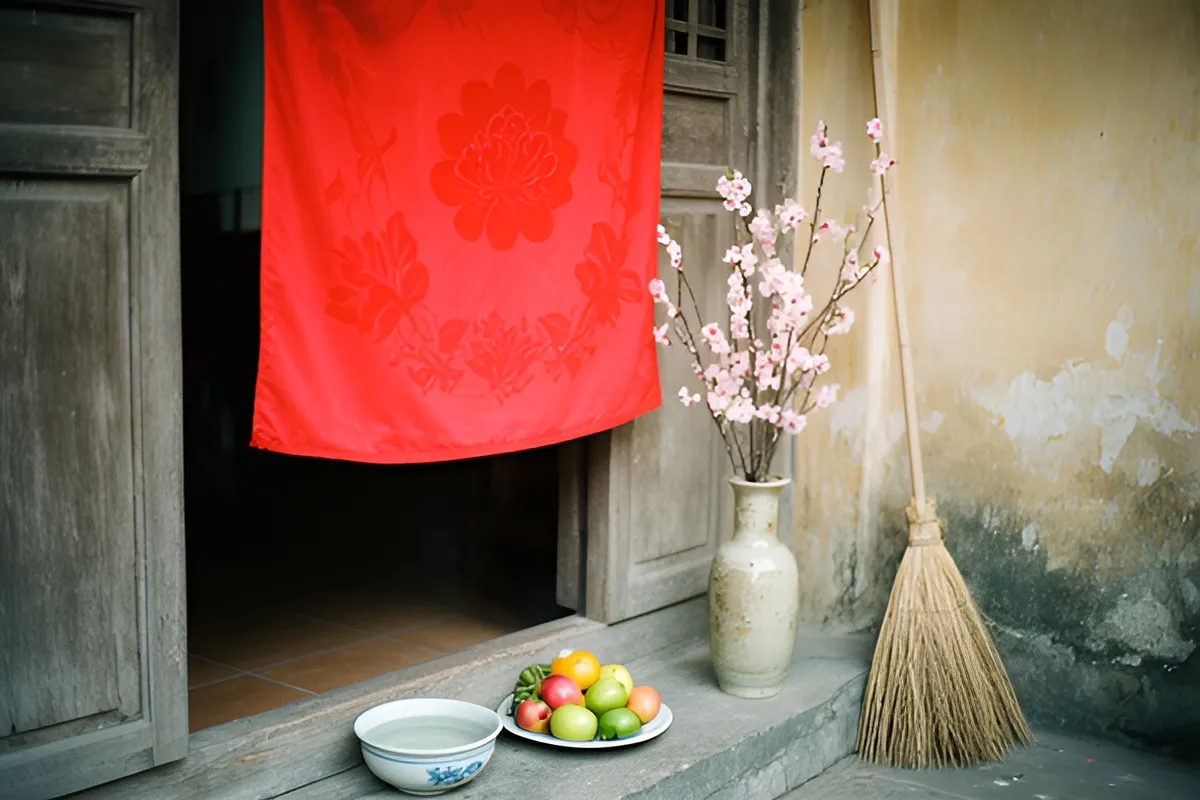 Cổng nhà gỗ cũ treo tấm vải đỏ có hoa văn, bên cạnh là bình gốm cắm cành hoa hồng nhạt, chổi quét và đĩa trái cây