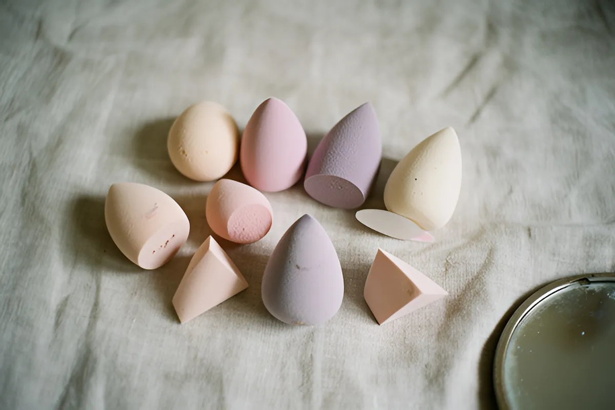 Các mút trang điểm hình giọt nước và hình tam giác màu pastel xếp trên vải lanh, góc phải có mép gương tròn