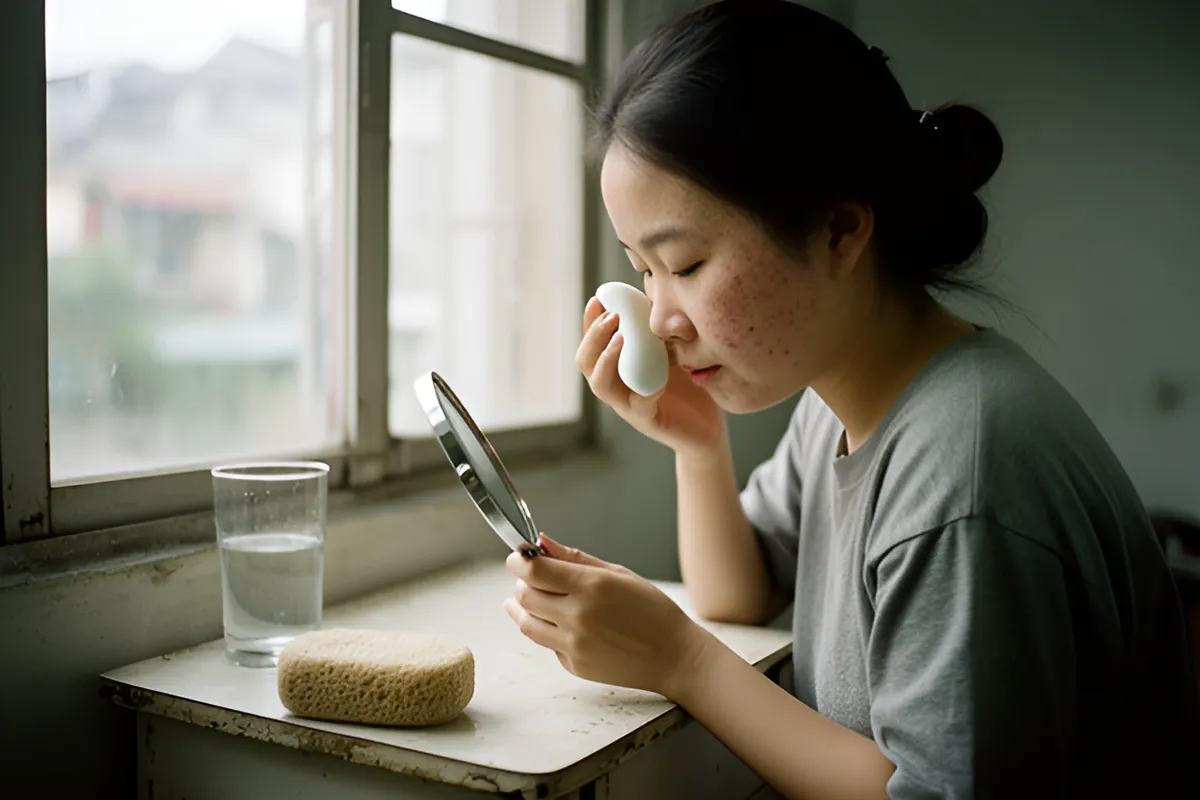 Một phụ nữ trẻ ngồi nghiêng bên bàn nhỏ cạnh cửa sổ, tay cầm bọt biển áp lên má, tay kia cầm gương nhỏ
