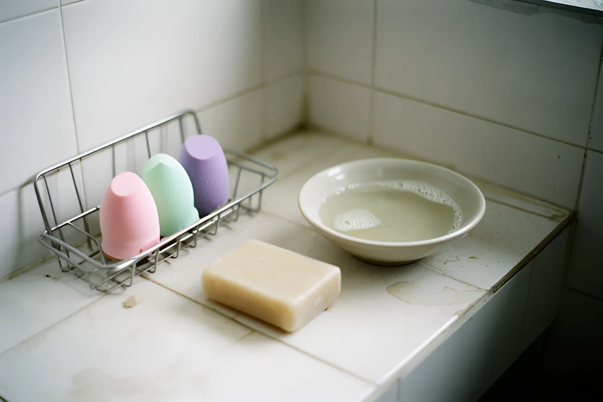 Góc bồn rửa với ba miếng bọt biển pastel đặt trên giá kim loại, một viên xà phòng và bát nước xà phòng, ánh sáng ban ngày dịu