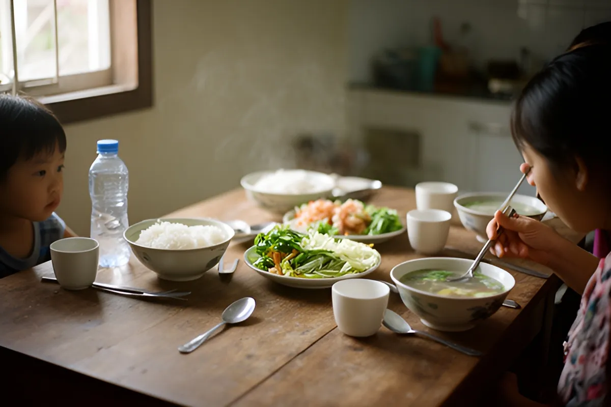 Một trẻ nhỏ và một người phụ nữ ngồi bên bàn gỗ có nhiều bát cơm, canh, rau, cốc và thìa, ánh sáng ấm từ cửa sổ