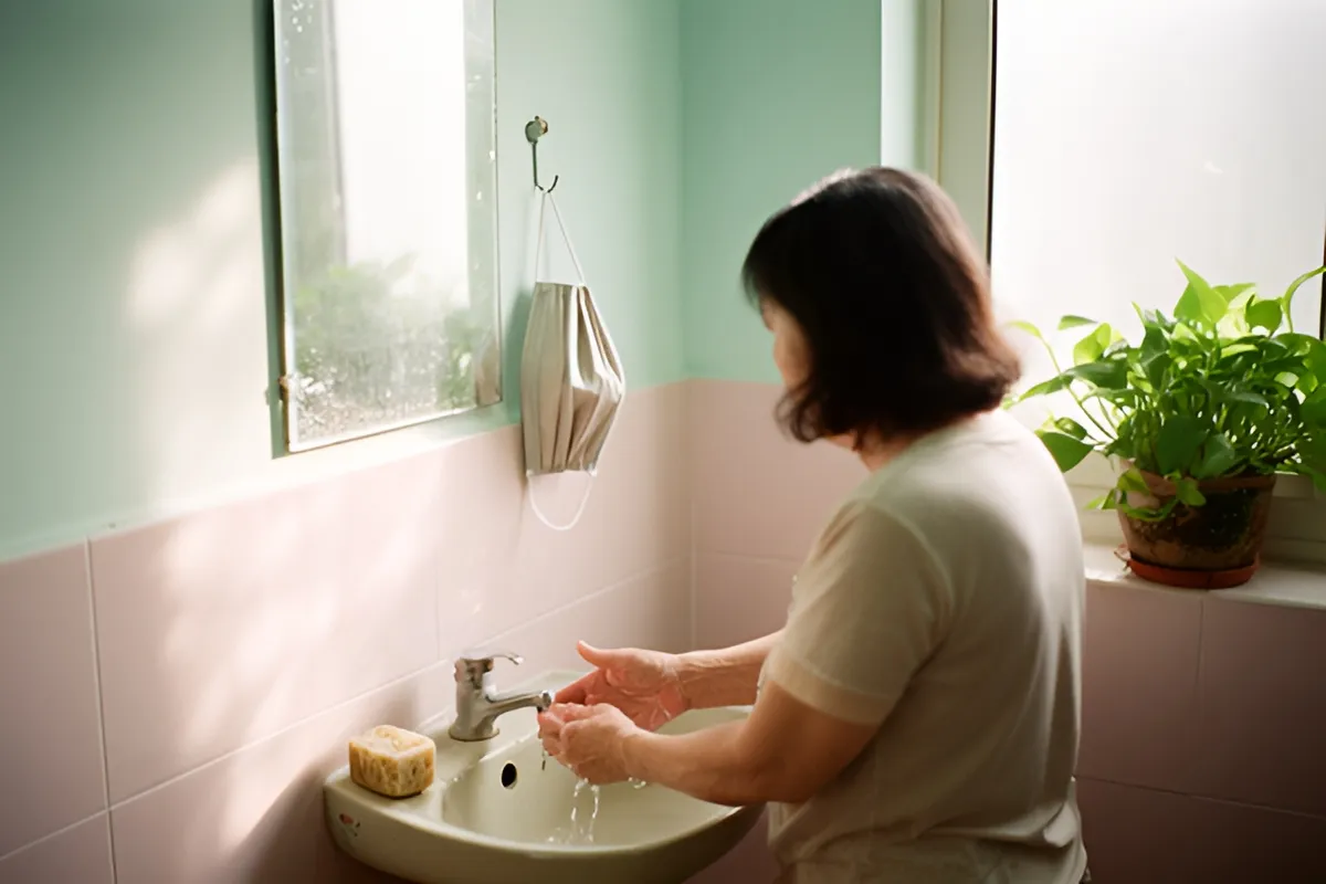 Một phụ nữ đứng rửa tay bên bồn rửa nhỏ trong phòng tắm sáng màu, có xà bông, khẩu trang treo móc, cây xanh và nắng sáng