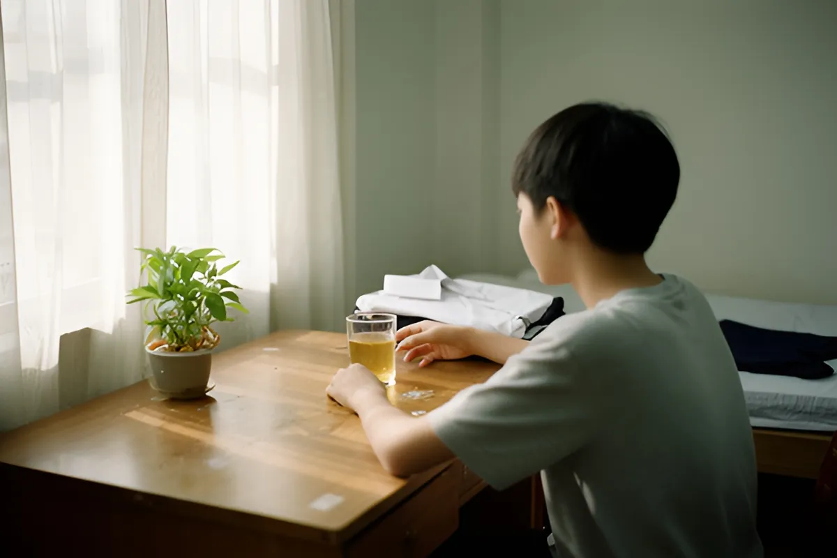 Một thiếu niên ngồi quay lưng bên bàn gỗ gần cửa sổ, tay với ly nước, trên bàn có chậu cây nhỏ