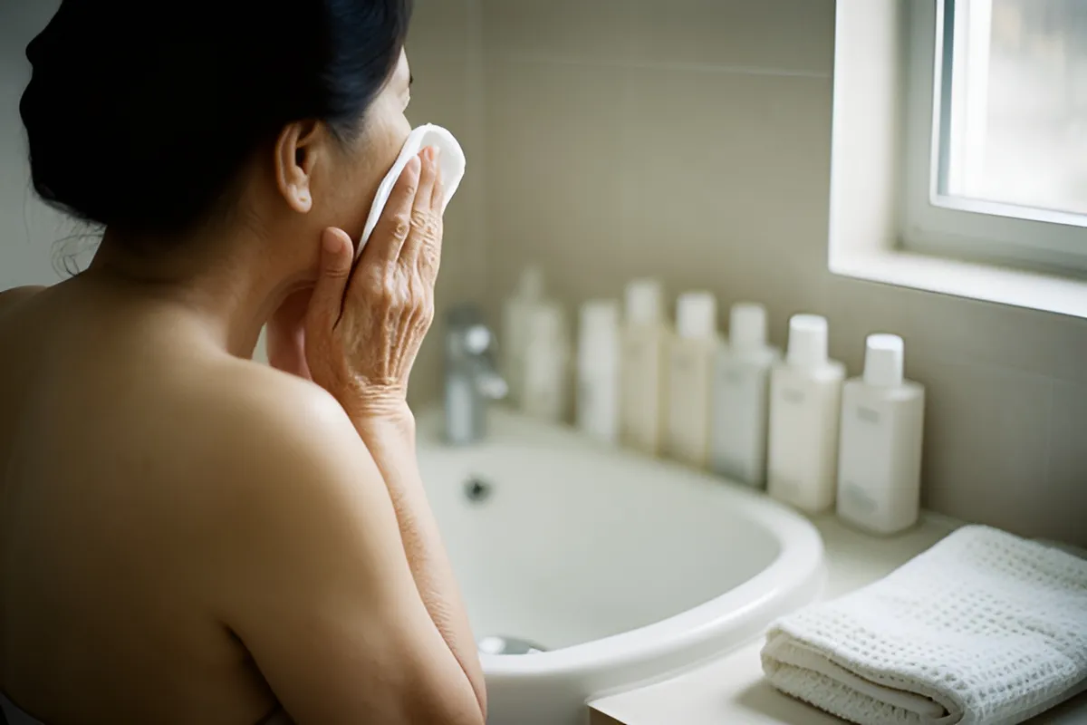 Một người phụ nữ quay lưng lại, đang dùng bông mềm chạm lên má trước bồn rửa mặt, cạnh hàng chai trắng và khăn gấp